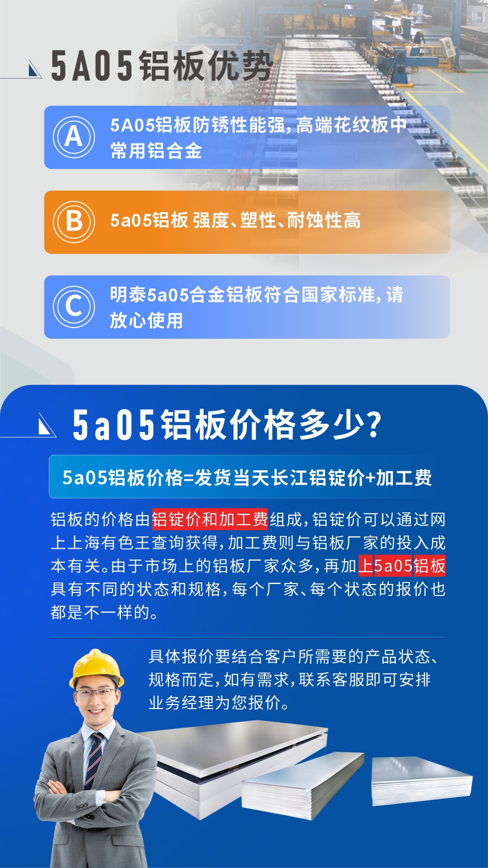  產(chǎn)品優(yōu)勢(shì)   

5A05鋁板防銹性能強(qiáng)，高端花紋板中常用鋁合金

5a05鋁板 強(qiáng)度、塑性、耐蝕性高

明泰5a05合金鋁板符合國家標(biāo)準(zhǔn)，請(qǐng)放心使用

5a05鋁板價(jià)格多少錢

5a05鋁板價(jià)格=發(fā)貨當(dāng)天長江鋁錠價(jià)+加工費(fèi)

鋁板的價(jià)格由鋁錠價(jià)和加工費(fèi)組成，鋁錠價(jià)可以通過網(wǎng)上上海有色王查詢獲得，加工費(fèi)則與鋁板廠家的投入成本有關(guān)。由于市場(chǎng)上的鋁板廠家眾多，再加上5a05鋁板具有不同的狀態(tài)和規(guī)格，每個(gè)廠家、每個(gè)狀態(tài)的報(bào)價(jià)也都是不一樣的。具體報(bào)價(jià)要結(jié)合客戶所需要的產(chǎn)品狀態(tài)、規(guī)格而定，如有需求，聯(lián)系客服即可安排業(yè)務(wù)經(jīng)理為您報(bào)價(jià)。點(diǎn)擊在線咨詢。
