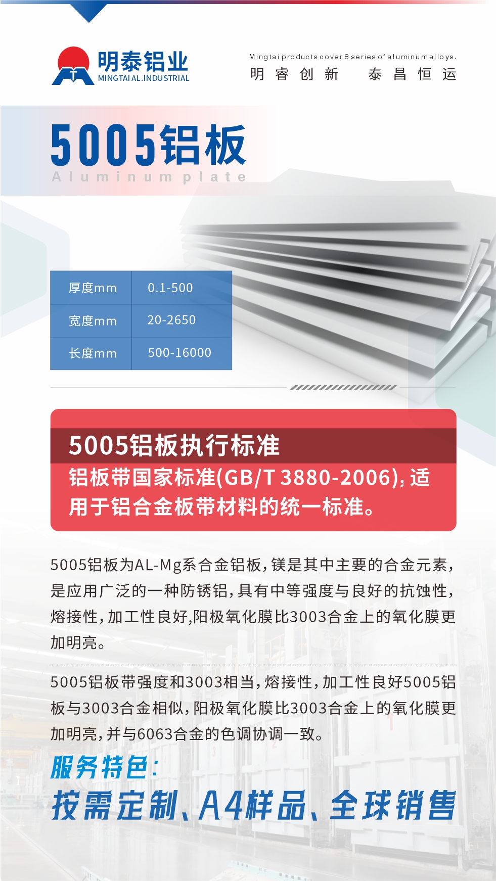 產(chǎn)品介紹

5005鋁板為AL-Mg系合金鋁板，鎂是其中主要的合金元素，是應(yīng)用廣泛的一種防銹鋁，具有中等強(qiáng)度與良好的抗蝕性，熔接性，加工性良好,陽(yáng)極氧化膜比3003合金上的氧化膜更加明亮。

5005鋁板帶強(qiáng)度和3003相當(dāng)，熔接性，加工性良好5005鋁板與3003合金相似，陽(yáng)極氧化膜比3003合金上的氧化膜更加明亮，并與6063合金的色調(diào)協(xié)調(diào)一致。服務(wù)特色：按需定制、A4樣品、全球銷(xiāo)售!

