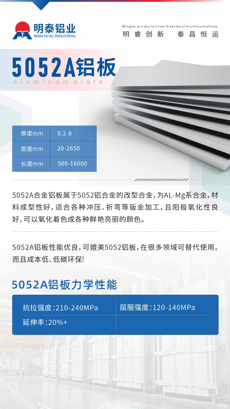 5052A合金鋁板屬于5052鋁合金的改型合金，為AL-Mg系合金，材料成型性好，適合各種沖壓、折彎等鈑金加工，且陽極氧化性良好，可以氧化著色成各種鮮艷亮麗的顏色。5052A鋁板性能優(yōu)良，可媲美5052鋁板，在很多領域可替代使用，而且成本低、低碳環(huán)保!5052A鋁板力學性能抗拉強度：210-240MPa屈服強度：120-140MPa延伸率：20%+