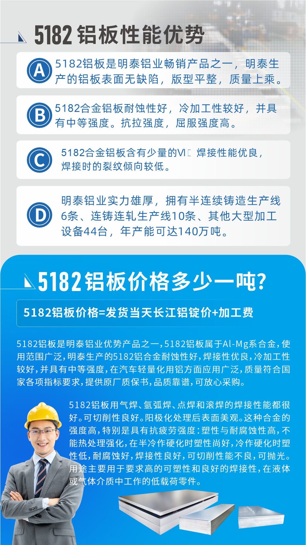 　明泰5182鋁板優勢:1、5182鋁板是明泰鋁業暢銷產品之一，明泰生產的鋁板表面無缺陷，版型平整，質量上乘。
2、5182合金鋁板耐蝕性好，冷加工性較好，并具有中等強度。抗拉強度，屈服強度高。
3、5182合金鋁板含有少量的Si，焊接性能優良，焊接時的裂紋傾向較低。
4、明泰鋁業實力雄厚，擁有半連續鑄造生產線6條、連鑄連軋生產線10條、其他大型加工設備44臺，年產能可達140萬噸。
5182鋁板是明泰鋁業優勢產品之一，5182鋁板屬于Al-Mg系合金，使用范圍廣泛，明泰生產的5182鋁合金耐蝕性好，焊接性優良，冷加工性較好，并具有中等強度，在汽車輕量化用鋁方面應用廣泛，質量符合國家各項指標要求，提供原廠質保書，品質靠譜，可放心采購。
5182鋁板用氣焊、氬弧焊、點焊和滾焊的焊接性能都很好。可切削性良好。陽極化處理后表面美觀。這種合金的強度高，特別是具有抗疲勞強度：塑性與耐腐蝕性高，不能熱處理強化，，在半冷作硬化時塑性尚好，冷作硬化時塑性低，耐腐蝕好，焊接性良好，可切削性能不良，可拋光。用途主要用于要求高的可塑性和良好的焊接性，在液體或氣體介質中工作的低載荷零件。
化學成分:含鋁(Al) 余量
鋅(Zn)≤0.25;鉻(Cr)≤0.10;硅(Si)≤0.20;鐵(Fe)0.000～0.350;錳(Mn)0.20～0.50;鎂(Mg)4.0～5.0;鈦(Ti)≤0.10;銅(Cu)≤0.15
力學性能:抗拉強度 σb (MPa)：≥175;條件屈服強度 σ0.2 (MPa)：≥80;伸長率 δ5 (%)：≥15
注 ：管材室溫力學性能;試樣尺寸：所有壁厚
