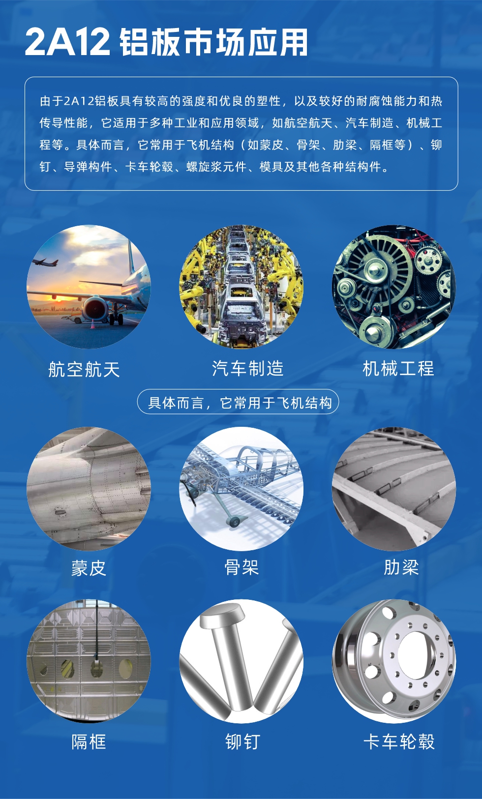 2A12鋁板產品用途

由于2A12鋁板具有較高的強度和優良的塑性，以及較好的耐腐蝕能力和熱傳導性能，它適用于多種工業和應用領域，如航空航天、汽車制造、機械工程等。具體而言，它常用于飛機結構（如蒙皮、骨架、肋梁、隔框等）、鉚釘、導彈構件、卡車輪轂、螺旋漿元件、模具及其他各種結構件。

