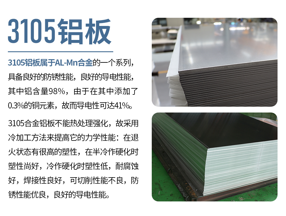 3105鋁板屬于AL-Mn合金的一個(gè)系列，具備良好的防銹性能，良好的導(dǎo)電性能，其中鋁含量98%，由于在其中添加了0.3%的銅元素，故而導(dǎo)電性可達(dá)41%。
3105合金鋁板不能熱處理強(qiáng)化，故采用冷加工方法來(lái)提高它的力學(xué)性能：在退火狀態(tài)有很高的塑性，在半冷作硬化時(shí)塑性尚好，冷作硬化時(shí)塑性低，耐腐蝕好，焊接性良好，可切削性能不良，防銹性能優(yōu)良，良好的導(dǎo)電性能。