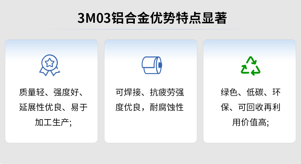 3M03鋁合金優(yōu)勢特點(diǎn)顯著:質(zhì)量輕、強(qiáng)度好、延展性優(yōu)良、易于加工生產(chǎn)，可焊接、抗疲勞強(qiáng)度優(yōu)良，耐腐蝕性綠色、低碳、環(huán)保、可回收再利用價(jià)值高;