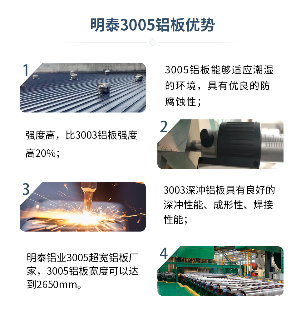 　　明泰3005鋁板優(yōu)勢
　　1、3005鋁板能夠適應(yīng)潮濕的環(huán)境，具有優(yōu)良的防腐蝕性；
　　2、強(qiáng)度高，比3003鋁板強(qiáng)度高20%；
　　3、3003深沖鋁板具有良好的深沖性能、成形性、焊接性能；
　　4、明泰鋁業(yè)3005超寬鋁板廠家，3005鋁板寬度可以達(dá)到2650mm。